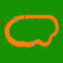 a cartoon drawing of a race track with a green background and orange lines