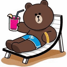 a brown bear is sitting on a beach chair holding a drink and a straw .