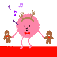 a cartoon drawing of a gingerbread man and a pink ball with antlers