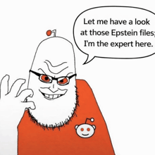 a cartoon of a bald man with glasses and a beard talking about epstein files .
