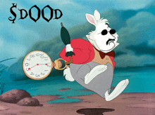 a cartoon of a white rabbit holding a pocket watch with the words $ dood on the top