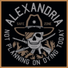 a logo for alexandria safe zone with a skull wearing a cowboy hat and crossed swords