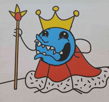 a drawing of a blue monster wearing a crown and holding a staff