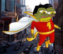 a cartoon of a frog dressed as a superhero flying over a city street