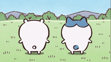 a couple of cartoon characters standing in a grassy field