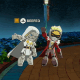 two cartoon characters standing next to each other with a beefed logo in the background