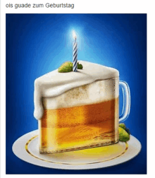 a slice of beer cake with a lit candle on top