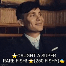 a man in a suit and tie is smiling with the words " caught a super rare fish ! "