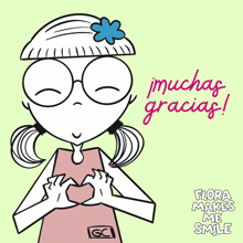 a cartoon of a girl making a heart with her hands and the words flora makes me smile below her