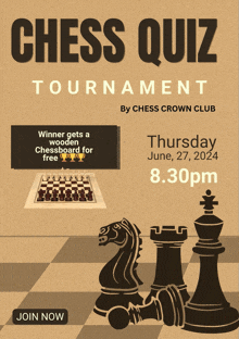 a poster for a chess quiz tournament that takes place on june 27th