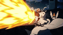 a man in a white robe is holding a fireball in his hand