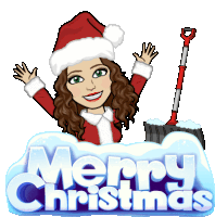 a merry christmas sign with a woman wearing a santa hat and holding a shovel