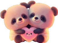 two panda bears are hugging and holding a pink heart