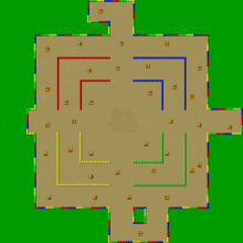 a map of a maze with a green background and a few squares that say ' a ' on them