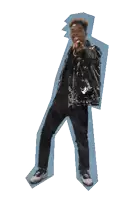 a man wearing a black jacket and black pants is dancing