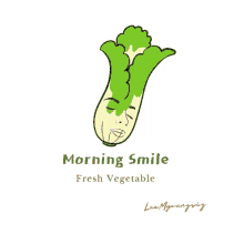 a drawing of a vegetable with a face and the words morning smile fresh vegetable below it