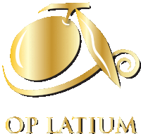 a gold logo for op latium with a leaf in the middle