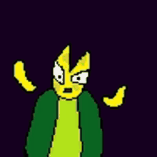 a pixel art drawing of a yellow and green cartoon character with a surprised look on his face