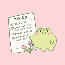 a frog standing next to a to-do list on a pink background