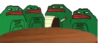 a group of green frogs are sitting around a table with a piece of paper .
