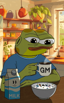 a frog is drinking a cup of coffee next to a carton of milk and a bowl of cereal