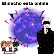 a poster with a purple sphere and the words elmacho esta online on it