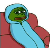 a cartoon frog is wrapped in a blue blanket and sitting on a couch