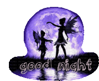 a picture of two fairies dancing in front of a full moon that says good night