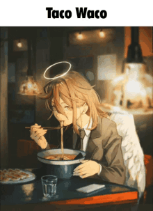 a girl with a halo on her head is eating ramen