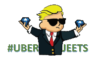 a cartoon of a man in a suit and tie holding two diamonds and the words #uber jeets below him