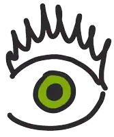 a drawing of a green eye with a crown on it