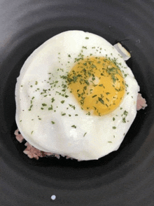 a close up of a fried egg on top of rice on a black plate