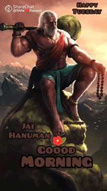 a painting of hanuman sitting on a rock with the words " jai hanuman good morning " on the bottom