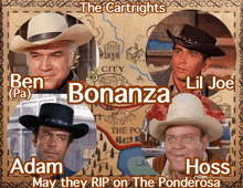 four men in cowboy hats with the words the cartrights bene bonanza lil joe and adam hoss