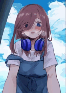 a drawing of a girl wearing blue headphones and overalls