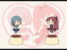 a couple of anime girls standing next to each other on top of a pudding