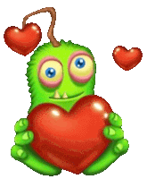 a green monster is holding a red heart with two hearts behind it .