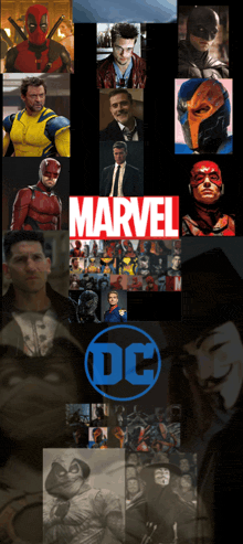 a collage of marvel and dc comics characters on a black background