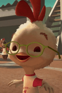 a cartoon chicken wearing glasses and a shirt that says chicken