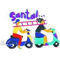 two people are riding scooters with the word santai written on the bottom