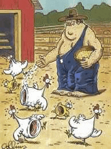 a man is feeding chickens in a cartoon .