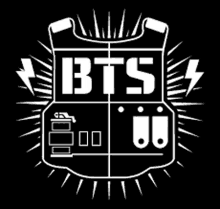 the bts logo is a black and white emblem with lightning bolts .