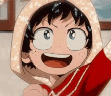 a close up of a cartoon character wearing a hoodie and holding a red scarf .