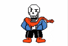 papyrus from undertale is a pixel art character wearing a scarf and a jacket .