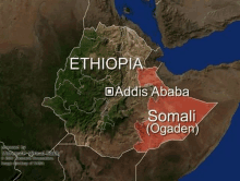 a map of ethiopia with addis ababa and somalia highlighted