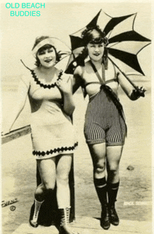 a black and white photo of two women on a beach with the words old beach buddies above them