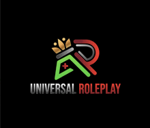 a logo for universal roleplay with a crown on top