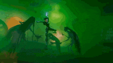 a painting of a person with a sword in a dark room