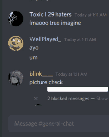 a screenshot of a discord conversation between toxic 29 haters and wellplayed ayo um