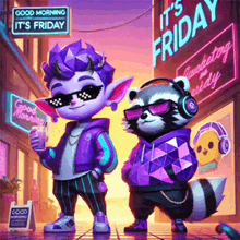 a raccoon and a troll are standing next to each other in front of a sign that says good morning it 's friday